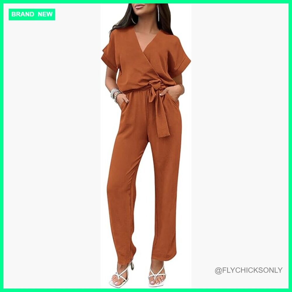 Short Sleeve Wrap V Neck Wide Leg Jumpsuit Romper Summer Casual Dressy